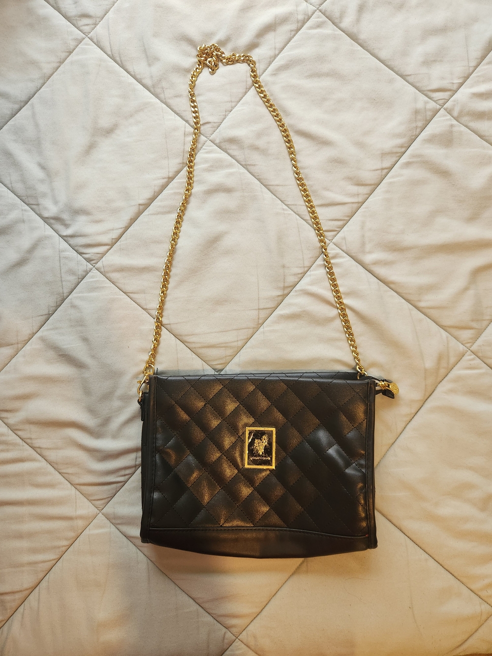 Younlove Quilted Black Shoulder Bag with Gold Chain